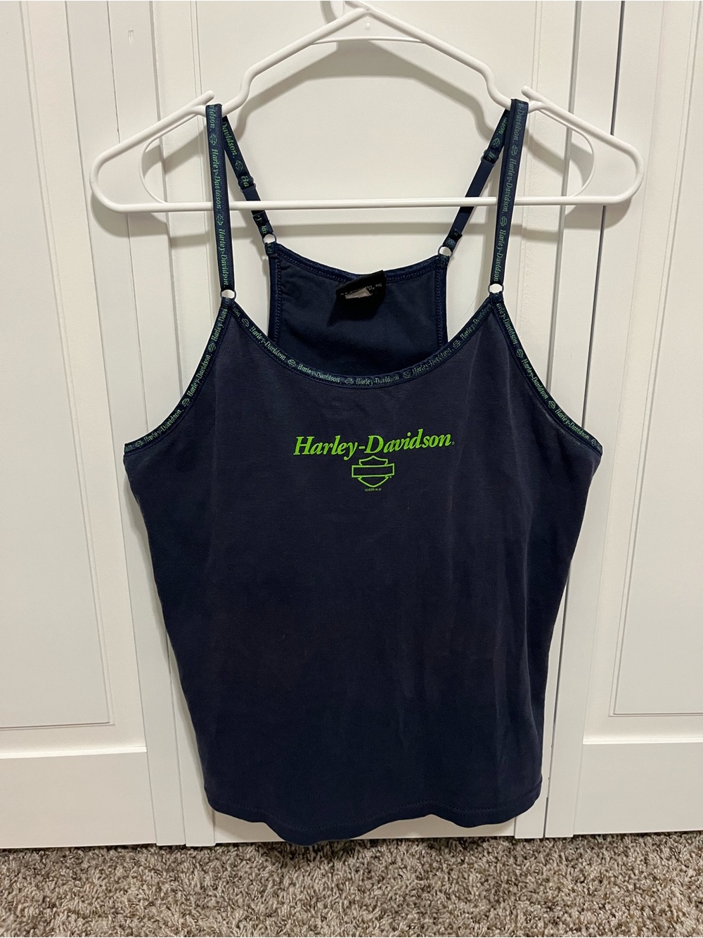 Harley-Davidson Navy Spaghetti Strap Tank with Neon Green Logo